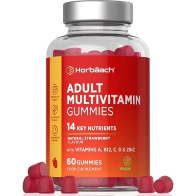 Imagen de Gominolas Multivitaminas y Minerales 14 Esenciales como Vitamina D, A, C, B6, B12, E, Biotina, Zinc Ácido Fólico Más 60 Gummies Sabor Fresa de Horbaach