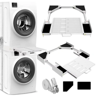 Imagen de NIUXX Kit de Unión Universal para Lavadoras y Secadoras con Estante Deslizante, Estantería Apilado Cuerda Trinquete, Marco Intermedio Ajustable 53 68 cm