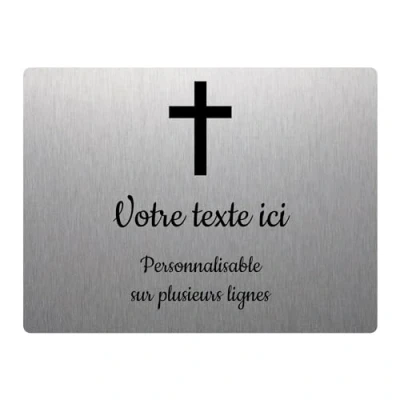 Imagen de Placa grabada funeraria, diseño de cruz cristiana autoadhesiva, 20 x 15 cm, personalizada, 1 a 3 líneas, aluminio cepillado