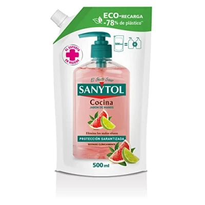 Imagen de Sanytol Eco Recarga Jabón de Manos Cocina, Aroma Pomelo y Limón, Elimina los Malos Olores, Protección Total Contra Agentes Externos, Envase Alta Resistencia 500 ml