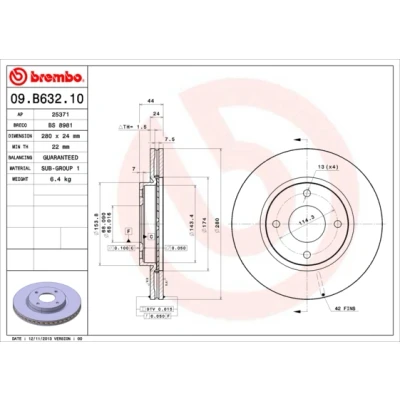 Imagen de BREMBO 09.B632.10 Disco de freno 280 24 4 ventilación interna NISSAN: Tiida Hatchback, Berlina