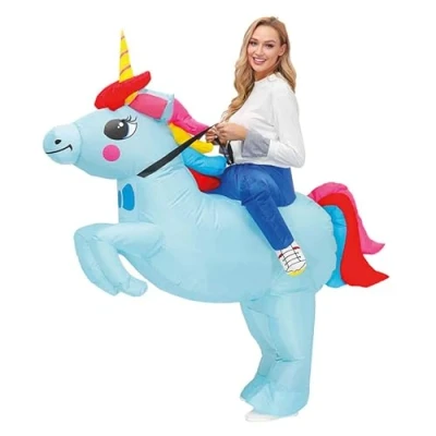 Imagen de AirSuit® Disfraz inflable de unicornio azul inusual tamaño adulto Hecho poliéster muy resistente Agradable llevar Sistema inflado incluido OriginalCup®