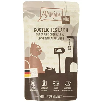 Imagen de MjAMjAM comida húmeda premium para gatos Quetschie disfrute puro de la carne delicioso cordero, paquete 12 (12 x 125 g), sin cereales con extra