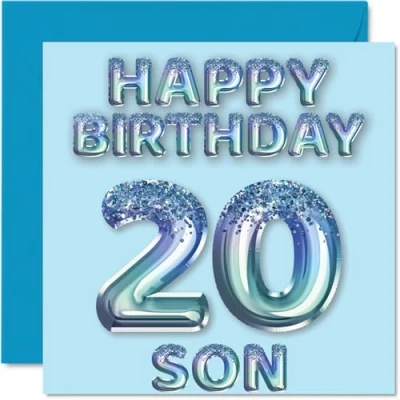 Imagen de Tarjeta de cumpleaños número 20 para hijo, globos fiesta con purpurina azul, tarjetas feliz hijo años parte mamá, papá, padres, felicitación