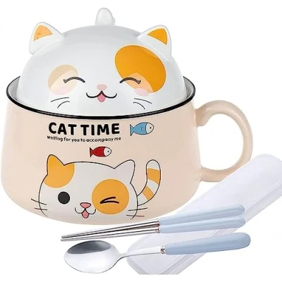 Imagen de lachineuse Cuenco de Ramen japonés con tapa gato Kawaii fideos instantáneos y desayuno cubiertos Idea regalo anime Japón chino para niños adultos