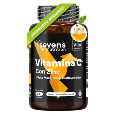 Imagen de Vitamina C 1000 mg y Zinc + Bioflavonoides Rosa Mosqueta Vitamin 100% Pura Natural Vegana 180 tabletas Para el Sistema Inmunológico Reduce Cansancio la Fatiga Antioxidante Sevens