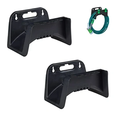 Imagen de Relaxdays Soportes Pared, Set de 2 Uds, para Mangueras 10 m, Portamangueras, Plástico, 15x24x17 cm, Negro