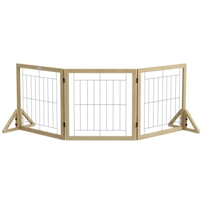 Imagen de PawHut Barrera para Perros de Madera Valla Mascotas Plegable 3 Paneles con Plegado Bidireccional y Patas Apoyo Triangulares Puerta Pasillo Escalera 210x44x70 cm Natural