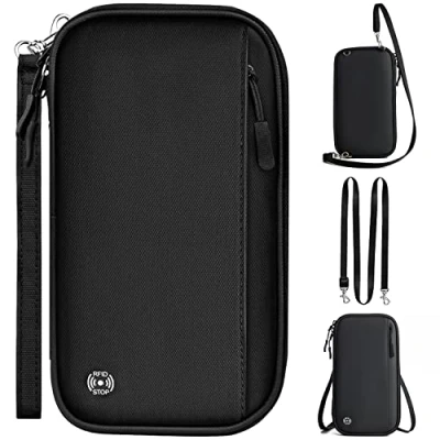 Imagen de EPROICKS Portadocumentos Viaje RFID, Porta Pasaporte Familiar para 4, Cartera Documentos Impermeable, Tarjeta de Crédito, Carnet Identidad, Llaves, Boletos Avión (Negro)