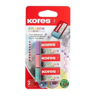 Imagen de Kores KE 30 Pastel: Borradores de PVC con funda papel para niños, estudiantes y adultos, no tóxico apto material escolar oficina, 40 x 21 10 mm, paquete 3 en colores