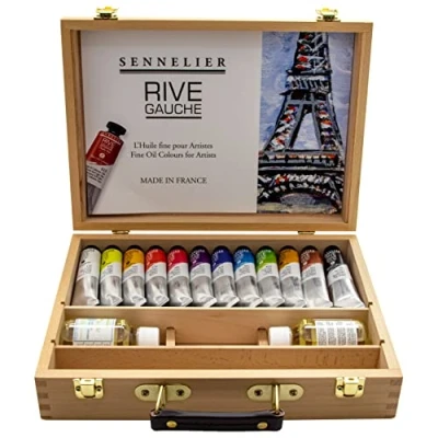 Imagen de Sennelier Rive Gauche Oil Wooden Box Set by, Includes 12 40ml Tubes of Color, 100ml Thinner, Liquid Medium, Round Brush #4, Flat #6 (10 130327 00)