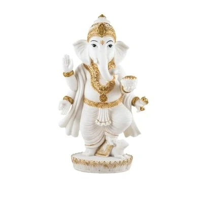 Imagen de DRW Figura Ganesha de pie Blanca y Dorada Resina Pintada a Mano 28 cm