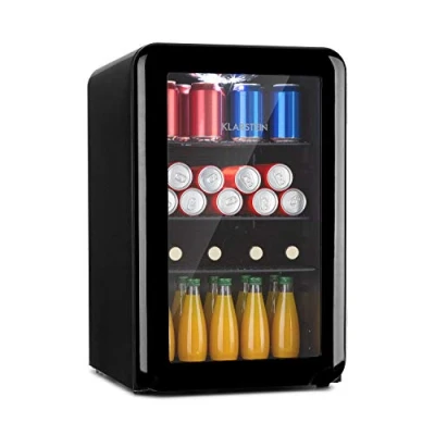 Imagen de nevera para bebidas Klarstein PopLife minibar, retro, 0 10C, sólo 39 dB, 70 L, respetuosa con el medio ambiente, puerta de doble acristalamiento, diseño negro