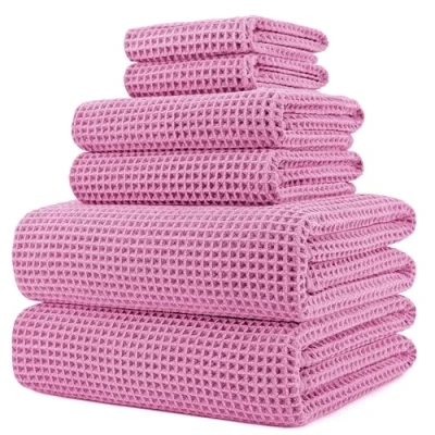 Imagen de POLYTE Juego de 6 toallas baño microfibra secado rápido sin pelusas, gran tamaño, 60 x 30 pulgadas (color rosa, tejido gofre)