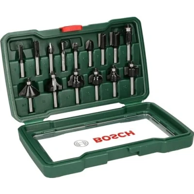 Imagen de Bosch Set de 15 fresas metal duro (para madera, vástago 8 mm, accesorios para fresadora)
