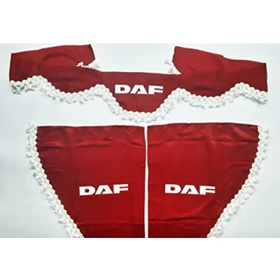 Imagen de VNVIS Juego de 3 cortinas decorativas peluche con pompones blancos para camiones DAF (rojo)