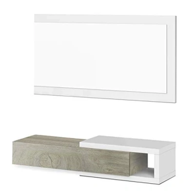 Imagen de Habitdesign Recibidor con Cajon y Espejo, Mueble de Entrada, Modelo Noon, Acabado en Blanco Artik Roble Alaska, Medidas: 95 cm (Ancho) x 19 (Alto) 26 (Fondo)