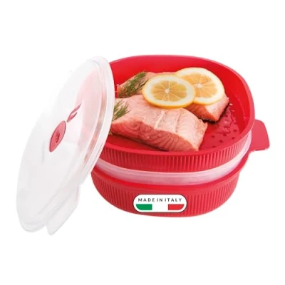 Imagen de Snips 704 4LT, Vaporera con 2 Bandejas, Recipiente para Microondas Rojo 26.5 x 22 13.5 cm, Cocina Rápida al Vapor, Libre de BPA, Made in Italy, 1 Unidad (Paquete 1)
