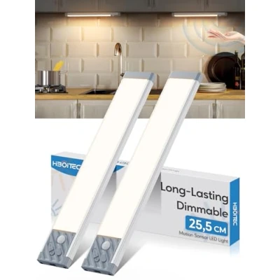 Imagen de HIBOITEC Luz de Armario con Sensor Movimiento, Regulable Led Cocina Bajo Mueble, Recargable Nocturna Sin Cables Magnética Luces para Cocina, Armario, Gabinete (Luz Blanca Cálida, 25,5CM)