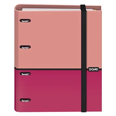 Imagen de Dohe Archivador 4 Anillas con Recambio 100 Hojas Tamaño A4, Cierre Goma, Separadores de Colores, Sobre Portadocumentos, Papel 90 g/m², Compresor, Material escolar DUO Rosa
