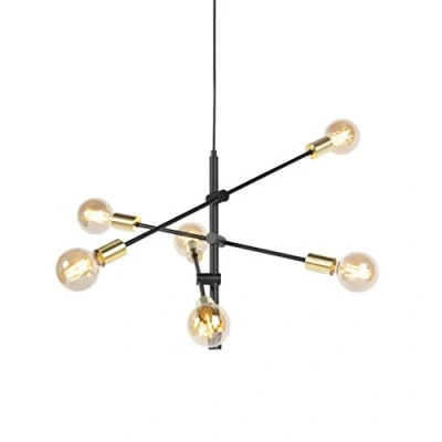 Imagen de QAZQA Lámpara colgante industrial negro y latón 78 cm 6 luces Sydney Acero Alargada Adecuado para LED Max. x 40 Watt