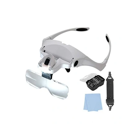 Imagen de LED Lupa Gafas con Luz Manos Libres Cabeza Lupas de Aumento para Extensión Pestañas,de Reparación Relojes,Costura,Manualidades,5 Lentes Intercambiables,1X 3.5X