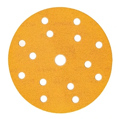 Imagen de Mirka Gold Papel de lija universal Ø 150mm Discos lijado con velcro 15 agujeros, grano P80, 100 piezas / Para lijar yeso, masilla, aglomerado, madera, barniz