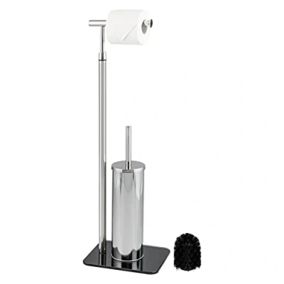 Imagen de bremermann Escobillero de inodoro 2 en 1, soporte para ruedas, acero inoxidable con base cristal