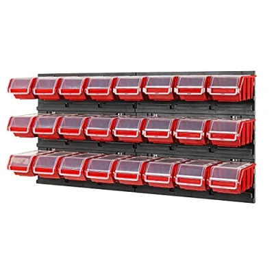 Imagen de Sistema de almacenamiento, cajas apilables con tapa, Estantería pared, 772 x 390 24 unidades Caja herramientas taller para taller, color rojo