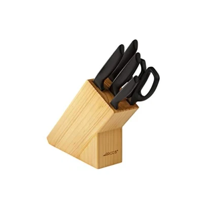 Imagen de ARCOS Juego de Cocina 5 Piezas: 4 Cuchillos + Tijeras en Bloque Madera. Set ocn Hoja Acero Inoxidable y Mango Polipropileno. Serie Niza. Color Negro