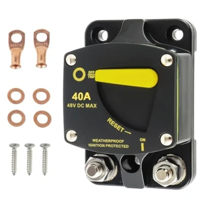 Imagen de HUAREW 40A Disyuntor Marino, con interruptor de reinicio manual 12 48V DC corriente terminales cable, arandela circuito para Motor Auto Car Marine Stereo Audio