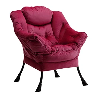 Imagen de HollyHOME Sillon Relax para Salón Lectura, Silla Perezosa Sillón Dormitorio Comodos con Reposabrazos de Terciopelo, Sofá Acero, Rojo