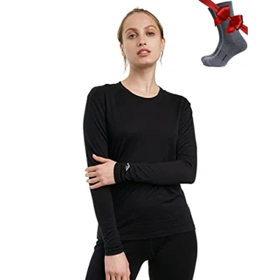 Imagen de Merino.tech Camiseta Lana Merino Mujer, Base Layer + Calcetines (Medium, 165 Black)