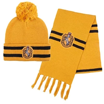 Imagen de Harry Potter Gorro y Bufanda, Conjunto de Invierno para Niños Adolescentes, Bufanda Hogwarts Hufflepuff, Accesorios Amarillo