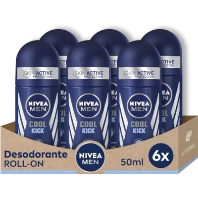 Imagen de NIVEA MEN Cool Kick Roll on en pack de 6 (6 x 50 ml), desodorante hombre con un golpe frescor, antitranspirante para el cuidado masculino