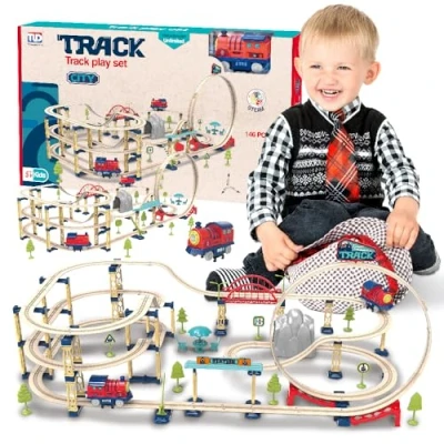 Imagen de sun baby Circuito con Locomotora eléctrica para niños Desde 3 años Juguete una vía de Varios Niveles, Puente, viaducto, señales tráfico, árboles, montañas