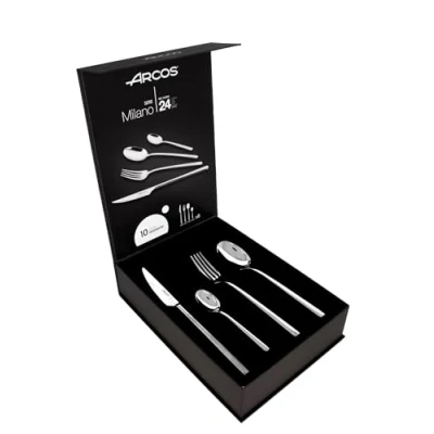 Imagen de Arcos Serie Milano Cubertería de 24 piezas en Caja Regalo (6 Cuchillos + 12 Cucharas 6 Tenedores) Monoblock una pieza Acero Inoxidable Color Plata