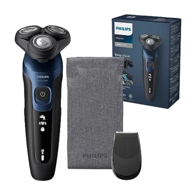 Imagen de Philips Serie 5000 Afeitadora Eléctrica Hombre, Máquina de Afeitar Barba con recortadora, 27 cuchillas, Cabezal flexible 360º, 50min uso, En Seco y Húmedo, Recargable, Funda, S5465/18, Azul Metal