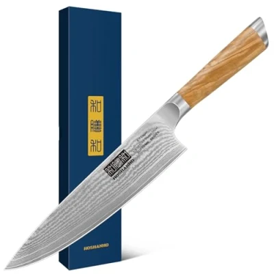 Imagen de HOSHANHO Cuchillo de Cocina Damasco, 20cm Profesional Chef Japoneses Acero Damasco 67 Capas, Súper Afilado Mango Madera Olivo