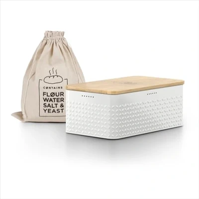 Imagen de LARS NYSØM Panera I Recipiente para Pan con Bolsa incluida Hecha de Lino Caja Tapa bambú Adaptable como Tabla Cortar (Pure White)