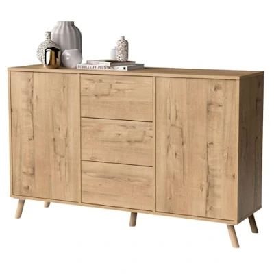 Imagen de MUEBLES PITARCH Aparador Salón Comedor, Buffet, Mueble Auxiliar, 2 Puertas y 3 Cajones, Roble Gold, 89x140x40cm, Despensa, Cocina, Despacho, Tirador Push o Pulsador, Moderno, Nórdico, Modelo Oslo