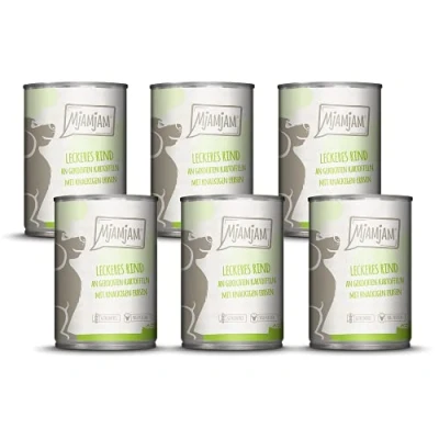 Imagen de MjAMjAM comida húmeda premium para perros deliciosa ternera sobre patatas hervidas con guisantes crujientes, pack de 6 (6 x 400 g), natural extra carne