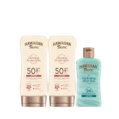 Imagen de Hawaiian Tropic Duopack Protección Solar: 2 Lociones Glowing Protection SPF 50 (180 ml) + 1 After Sun Hidratante Mini