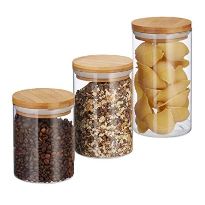 Imagen de Relaxdays Recipientes Para guardar alimentos, Set, 500, 700 &amp; 1000 ml, Envases de cristal, 9,5 cm, Bambú, 3 Uds.