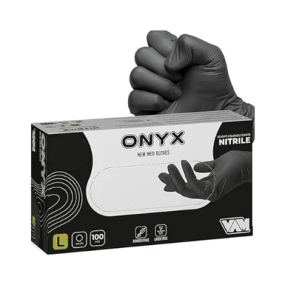 Imagen de guantes de nitrilo negros y azules, sin polvo, látex, hipoalergénicos, certificados CE conforme a la norma EN455, para alimentos, desechables (100 talla S, negros)