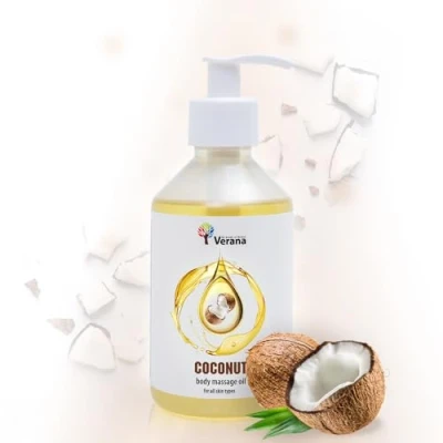 Imagen de Verana Aceite de masaje corporal Coco, cosmética natural para todos los tipos piel, efecto revitalizante e hidratante, da alegría y emociones positivas, aromaterapia (250ml, 250, mililitro)