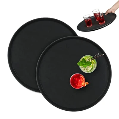 Imagen de Relaxdays Set 2 Bandejas Bar, Redondas 45 cm Ø, Tabla Servir, Superficie Antideslizante, Camareros, Gastronomía, Negro, Caucho