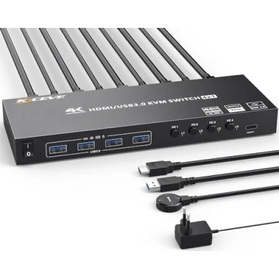 Imagen de Switch KVM USB3.0 HDMI 4 Puertos 4K@60Hz Simulaci贸n EDID, ESKEVE PC 1 Monitor 2K@120Hz para Share Monitores y dispositivos USB3.0,con control remoto con cable HDMI+USB3.0