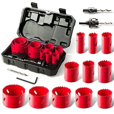 Imagen de HYCHIKA Bi Metall Lochsäge, 17tlg Lochsägen Set mit 11 Sägeblättern 20mm 68mm, 2 Dornen, 3 Bohrern, 1 Sechskantschlüssel, Ideal zum Bohren von Weichmetall, Holz, PVC Platte und Kunststoffplatte