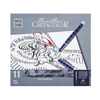 Imagen de CRETACOLOR Calligraphy Set 11 piezas, Lettering, Caligrafía &amp; Hand Lettering Starter Set, incl. 3 plumillas y 6 cartuchos de tinta, equipo básico caligrafía, pluma estilográfica metal negro